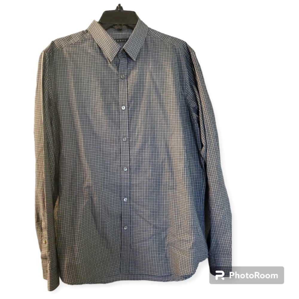 Theory men's Long-Sleeve Shirt in Gingham grey off white Cotton SZ L